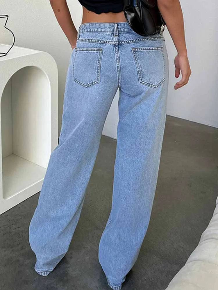 BKQU 2025 Harajuku Baggy Straight Jeans Women Low Waist Y2k Vintage Blue Wide Leg Denim Pants Fashion Basic All-Match Streetwear