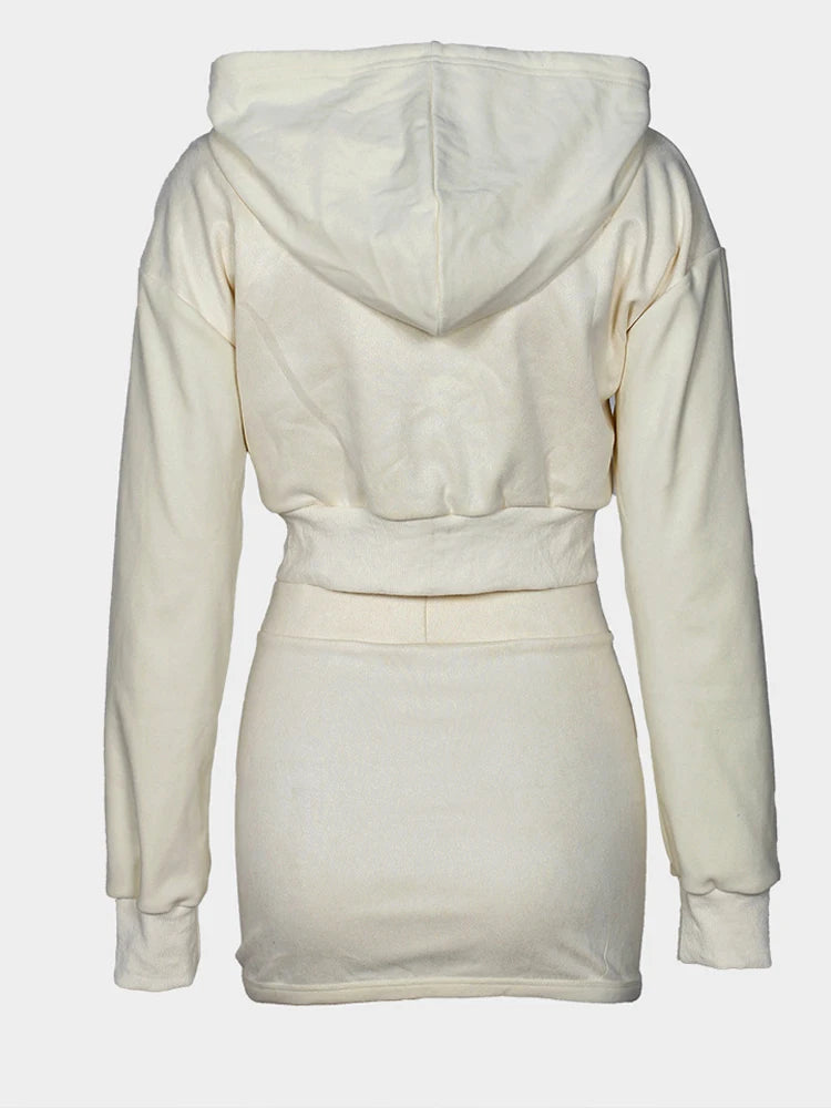 BKQU Fashion Tracksuit 2 Piece Sets Women Long Sleeve Hooded Zip Crop Jacket High Waist Mini Skirt Outfits Y2k Casual Streetwear