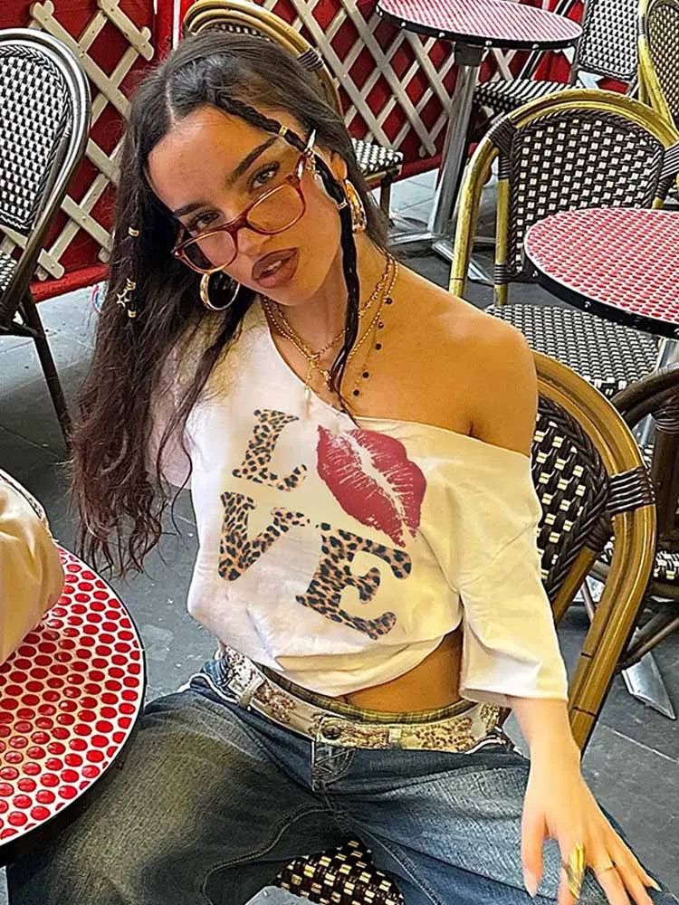 BKQU Aesthetic Y2k Crop Tops Women Leopard Letter Print Summer V Neck Short Sleeve T-Shirt 2000s E-Girl Streetwear Slim Baby Tee