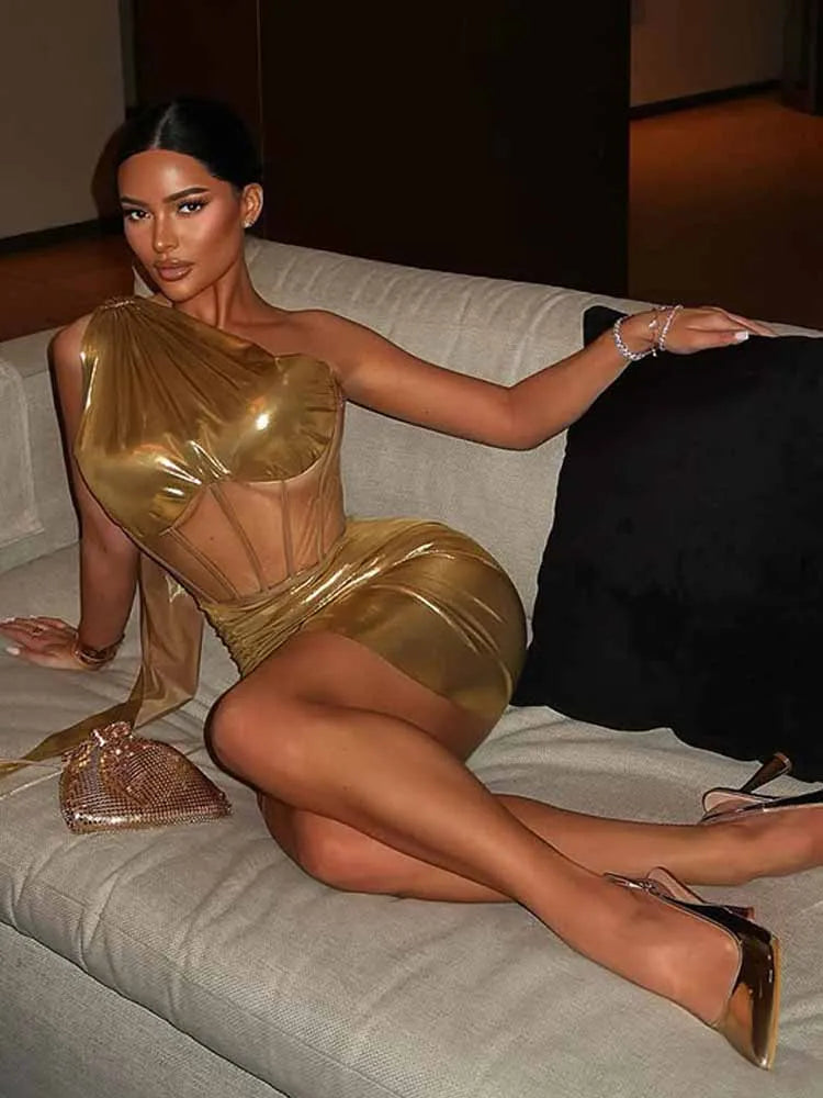 BKQU Mesh Patchwork Sexy 2 Piece Set Women Chic One Shoulder Scarf Tank Tops+Ruched Mini Skirts 2025 Summer Party Club Outfits