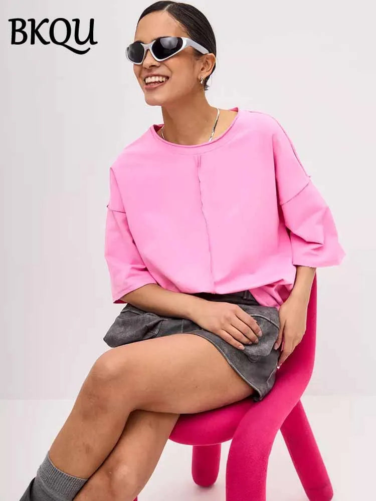 BKQU Summer Loose Short Sleeve T-Shirt Women Casual Solid O-neck 100% Cotton Tees 2025 New Simple Versatile T-shirt Streetwear