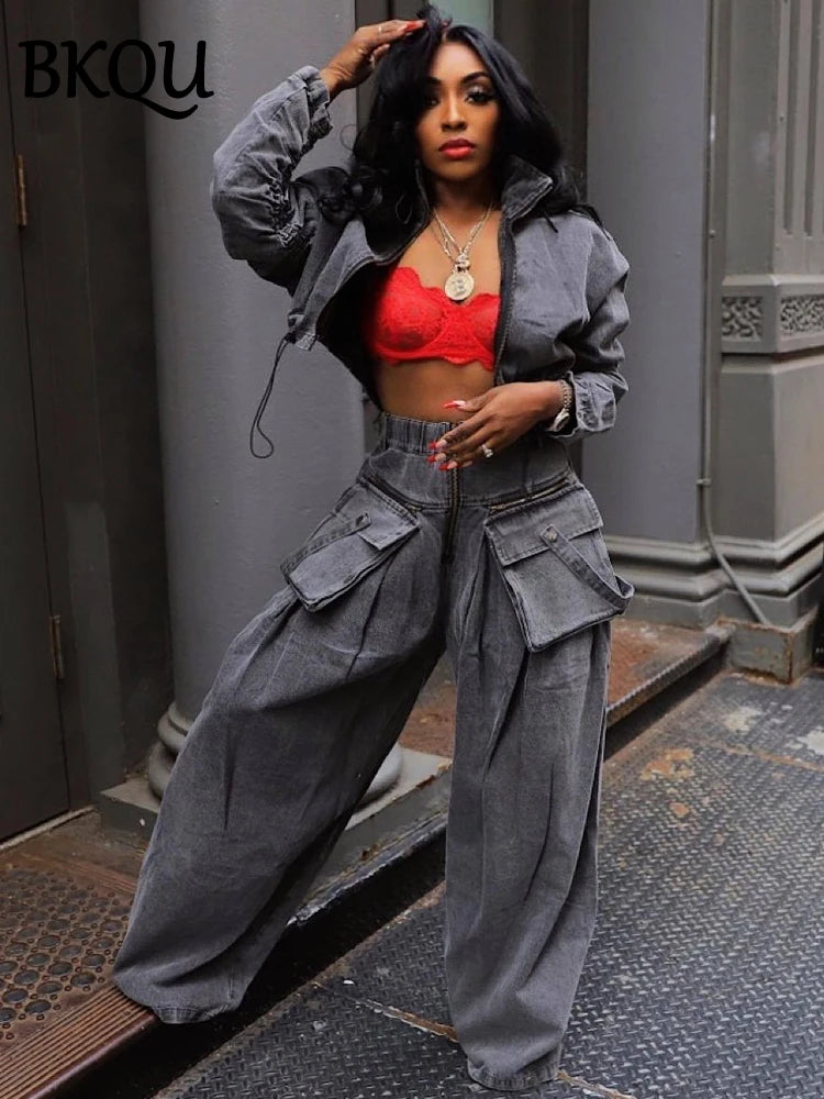 BKQU Fashion Denim Women's Sets Ruched Long Sleeve Zipper Jacket Patchwork Big Pocket Wide Leg Jeans Pants Two Piece Set Hip Hop