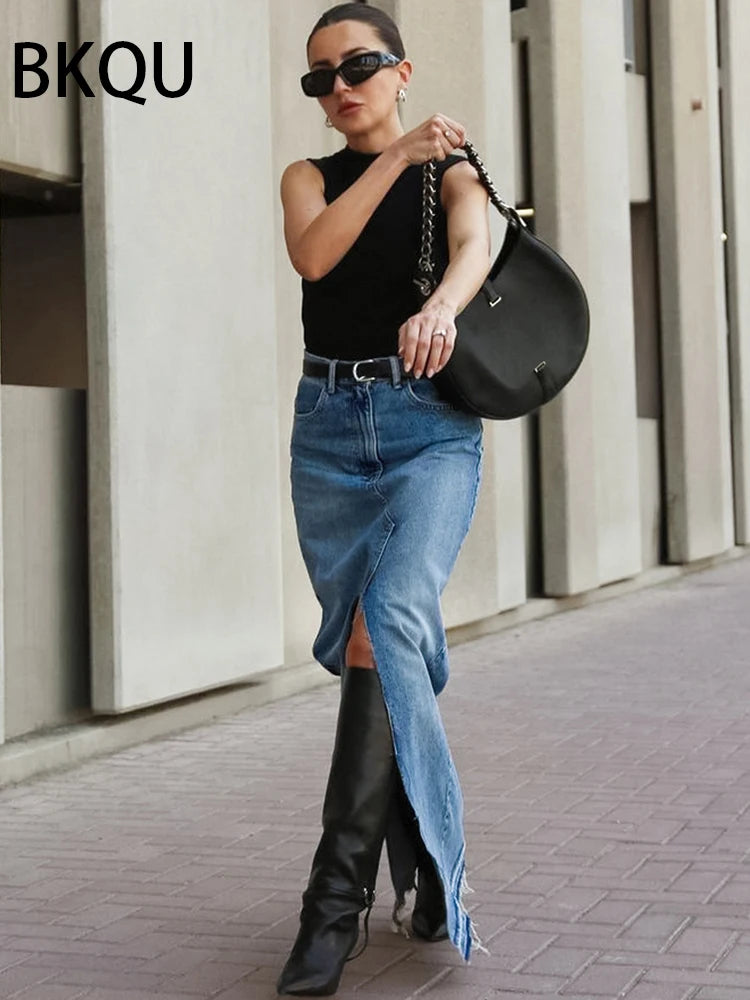 BKQU New Front Slit Denim Skirts Women 2023 Casual High Waist Office Lady Long Skirt Streetwear Blue Frayed Raw Hem Jean Skirt