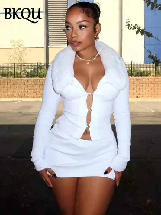 BKQU Sexy Fur Collar Hollow Crop Top Mini Skirt Women 2 Piece Set  Autumn Elegant Knitted Bodycon Nightclub Dress Outfits 2024
