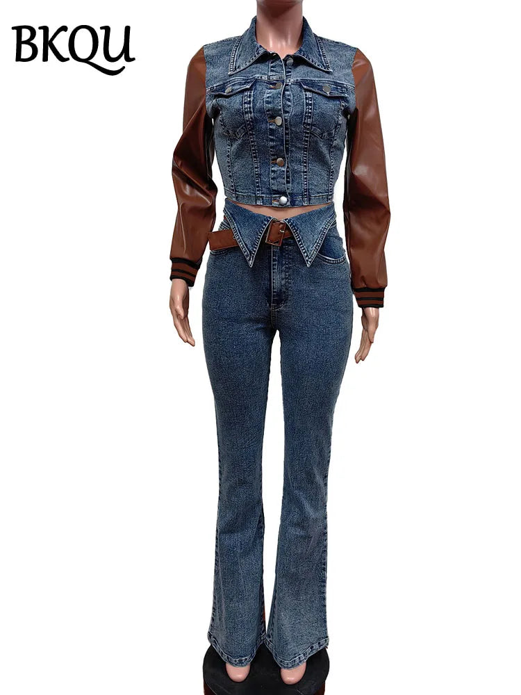 BKQU Leather Patchwork Stretch Denim Jacket Pants 2 Piece Set Women Trendy Buttons Crop Top High Waist Flare Jeans Suits 2025