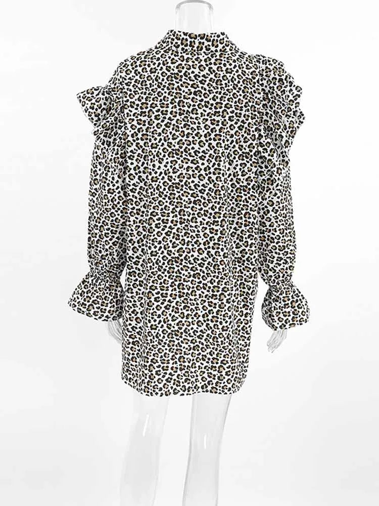 BKQU Leopard Women Ruffled Blouse 2025 Elegant Long Sleeve Turn Down Collar Button Shirts Female Cotton Linen Loose Mini Dress