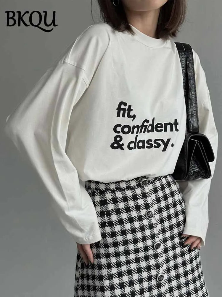 BKQU Letter Printed Women Long Sleeve T-Shirt Cotton Loose O Neck Pullover Tees Casual All-match Female Harajuku Streetwear 2025