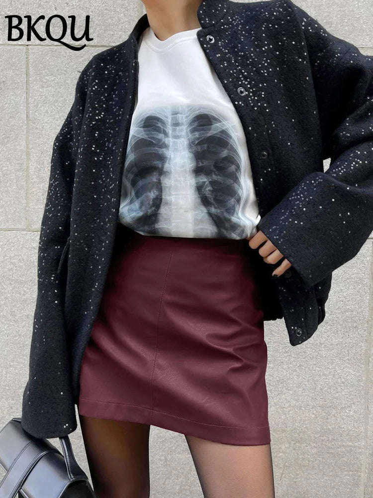 BKQU Fashion Wine Red Leather Mini Skirt Women Vintage High Waist Zipper Slim PU A-Line Short Skirts Autumn Winter 2024 Clothes