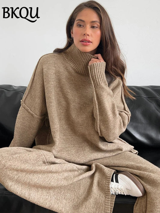 BKQU Turtleneck Sweater Knitted Pants Suits Women Autumn Winter Loose Casual Split Top And Wide Leg Trousers Warm Two Piece Set