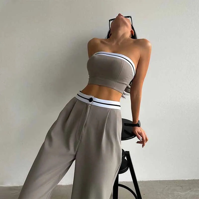 BKQU Strapless Vest Pants 2 Piece Set Women's 2025 Summer Contrast Sports Tube Bra + Wide Leg Trousers Casual Lady Street Outfit
