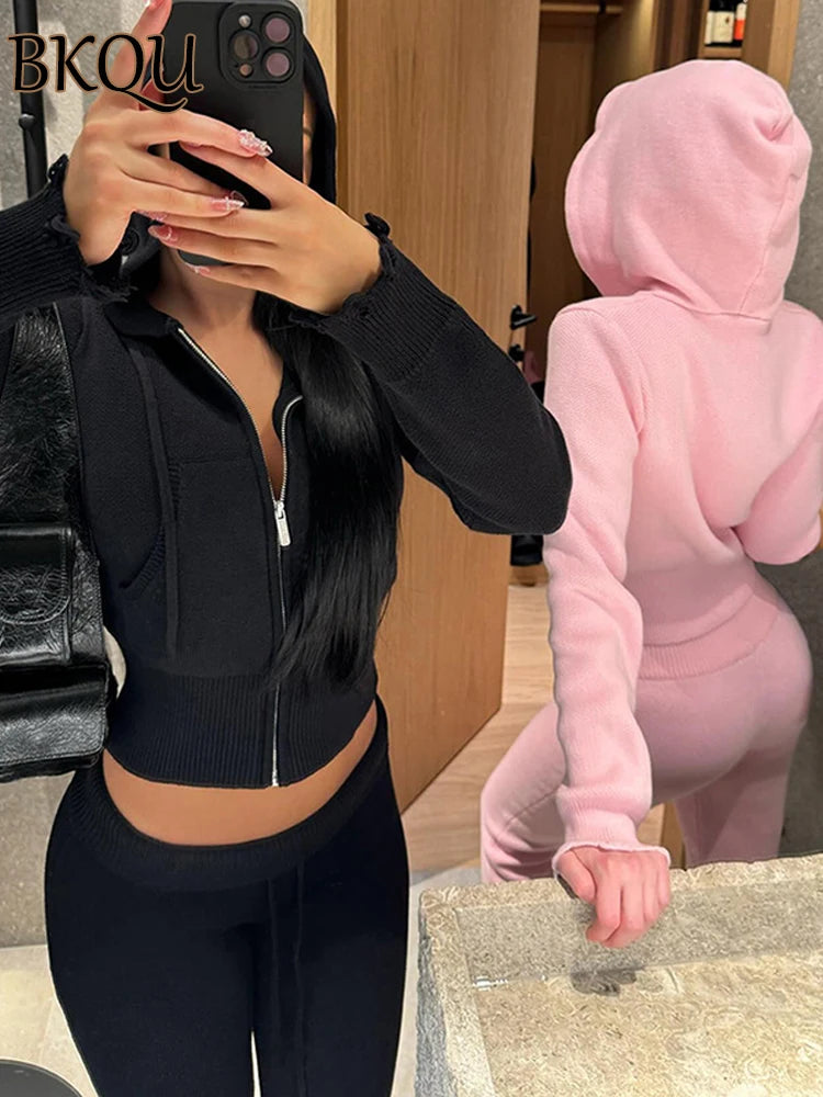BKQU Solid Tracksuit Women Knitted 2 Piece Sets Casual Hooded Zip Jacket+Drawstring Pants Sporty Matching Streetwear Outfit 2024