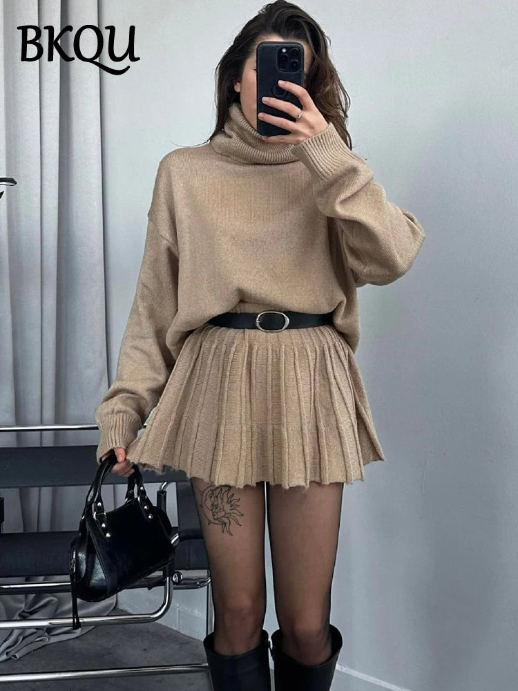 BKQU Solid Turtleneck Sweater Fashion Loose Pleated Mini Skirt Matching Set Female Streetwear Knitted Casual Lady 2 Pieces Set