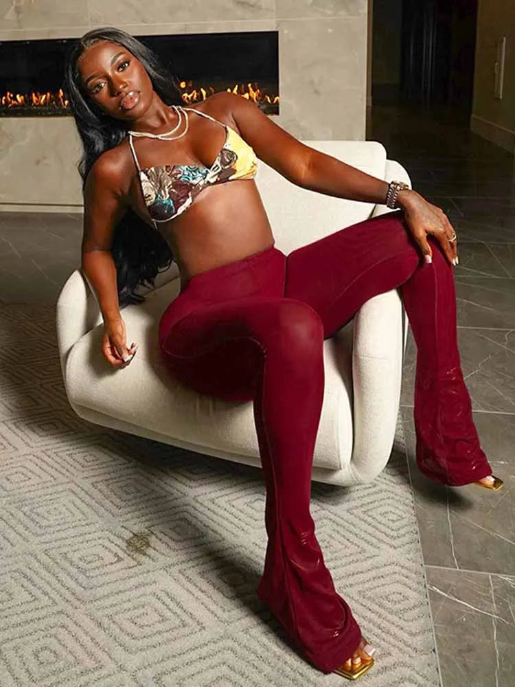 BKQU Mesh Sexy Midnight Flared Pants Women See Through High Waist Elastic Skinny Trousers Wine Red Female Club Party Bottom 2025