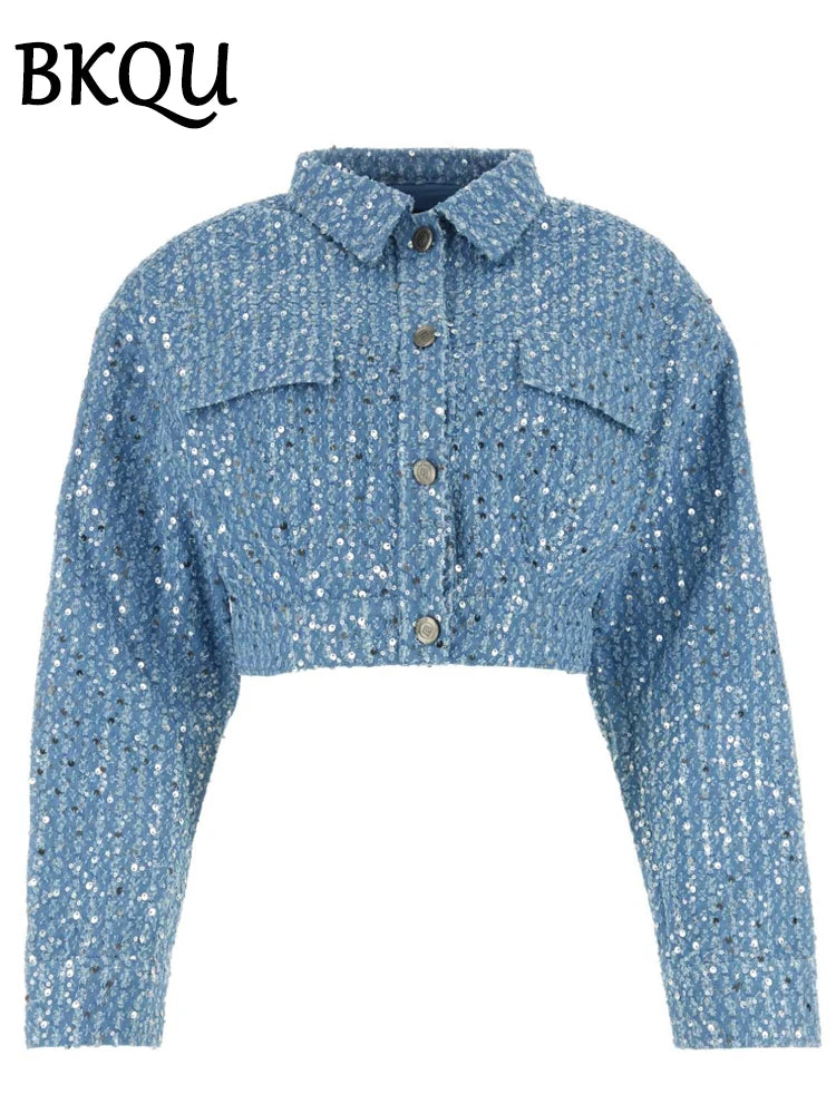 BKQU Sequins Denim Jacket and Pants 2 Piece Sets Women 2024 Autumn Winter Lapel Short Coats + Wide Leg Jeans Party Club Outfits