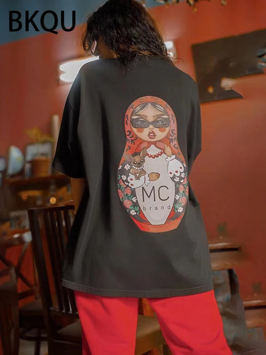 BKQU Kawaii Graphic Printed Oversized T shirts For Women y2k Letter Tee Tops 2024 Fashion Short Sleeve O-neck Female Pullovers