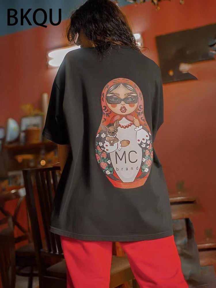 BKQU Letter Printed Loose T shirts Women 2024 High Street Graphic Short Sleeve Pullovers Tops Casual O-neck Kawaii Female Tees
