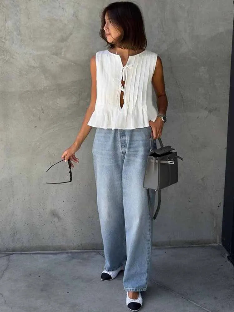 BKQU Linen Lace Up Sleeveless T shirts Women pleated Hollow Out O-neck Bow Crop Tops 2024 Summer Street Casual Female Tank Tops