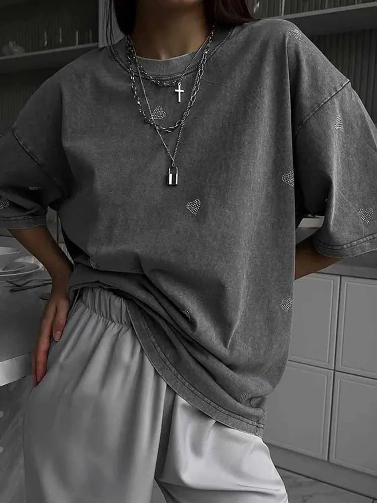 BKQU 100% Cotton Washed T-Shirts Loose Rhinestone Heart Women Summer Fashion O-Neck Short Sleeve Tees Y2k Female Vintage Clothes