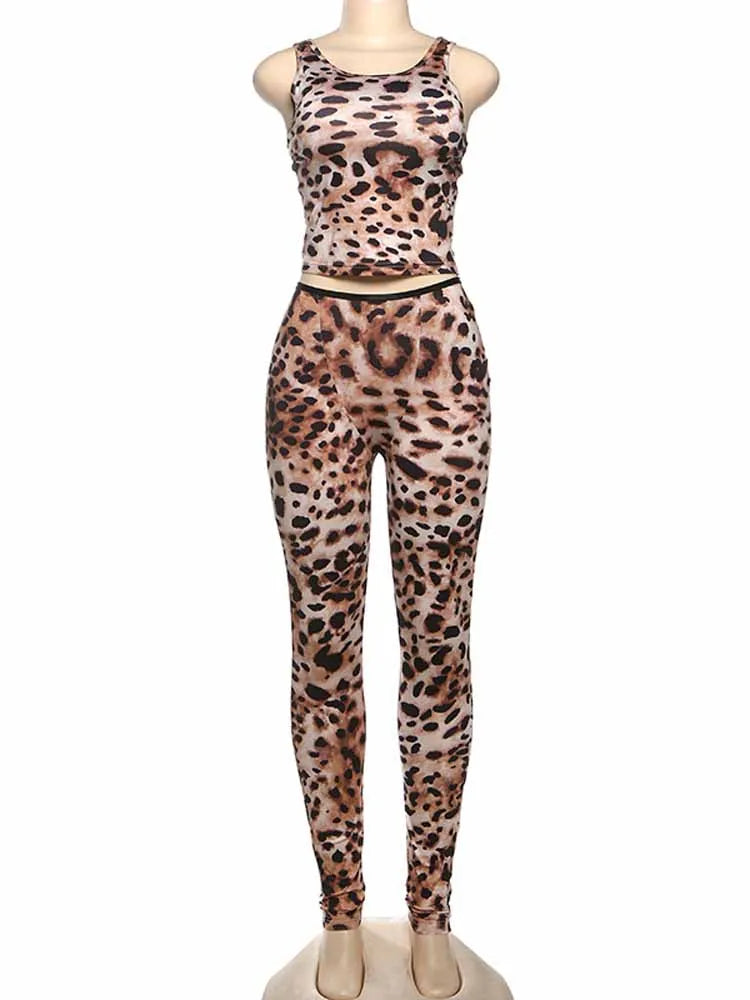 BKQU Leopard Print Casual 2 Piece Set Women Sporty Camisole Vest High Waist Leggings Pants Matching Stretch Tracksuits Outfits