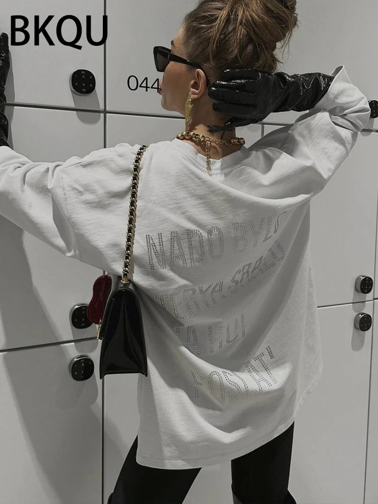 BKQU Designer Rivet T shirts Women Heavy Industry Short Sleeve Loose Tees Pullovers 2024 Summer O-neck Solid White Black Tops