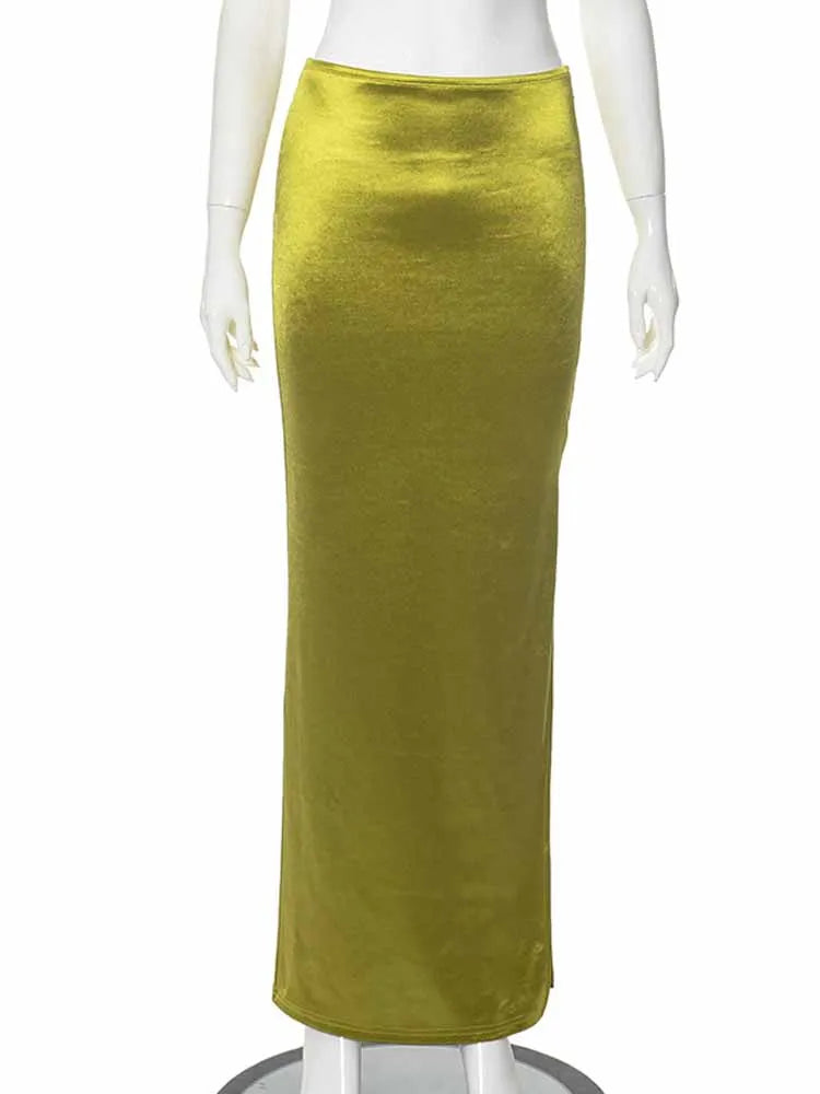 BKQU Elegant Satin Long Skirt Women High Waist Sexy Side Split Maxi Skirts 2025 Spring Summer Temperament Party Y2K Satin Skirts