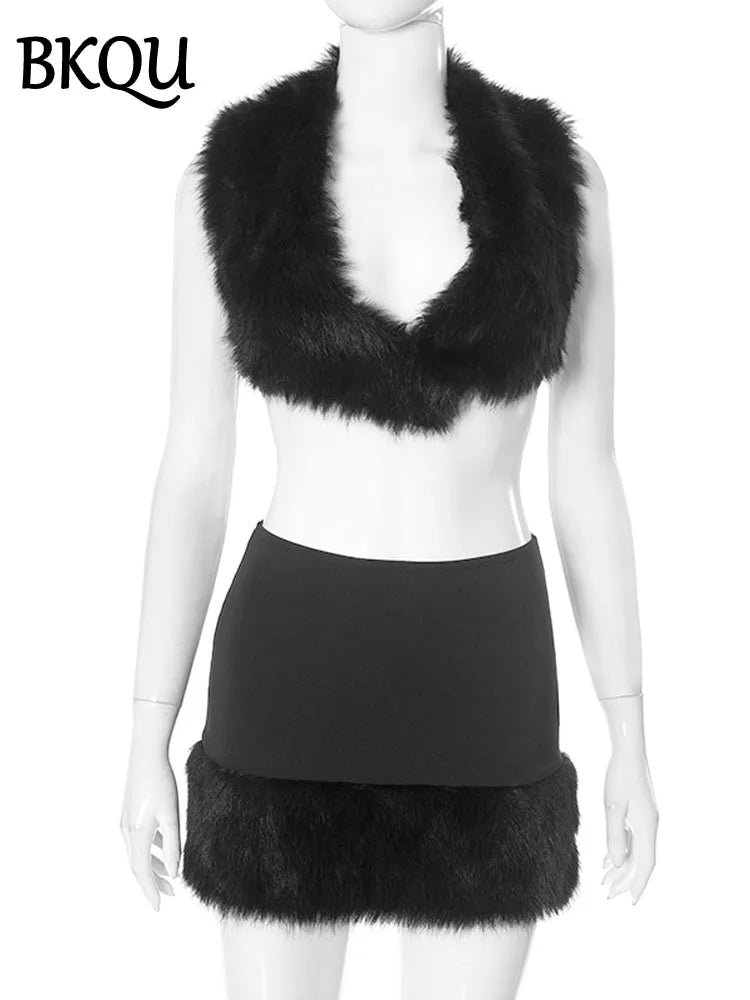 BKQU Furry Patchwork 2 Piece Set Women Sexy Halter Deep-V Backless Lace Up Mini Vest Bodycon Skirts Midnight Party Y2K Clubwear