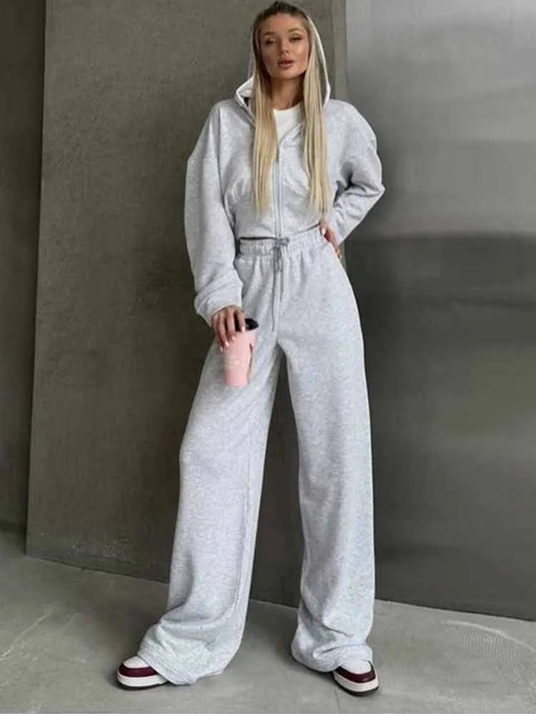 BKQU Casual Hoodies Tracksuit Women Pants 2 Piece Set Long Sleeve Zipper Sweatshirt Loose Drawstring Jogger Trouser Sports Suit