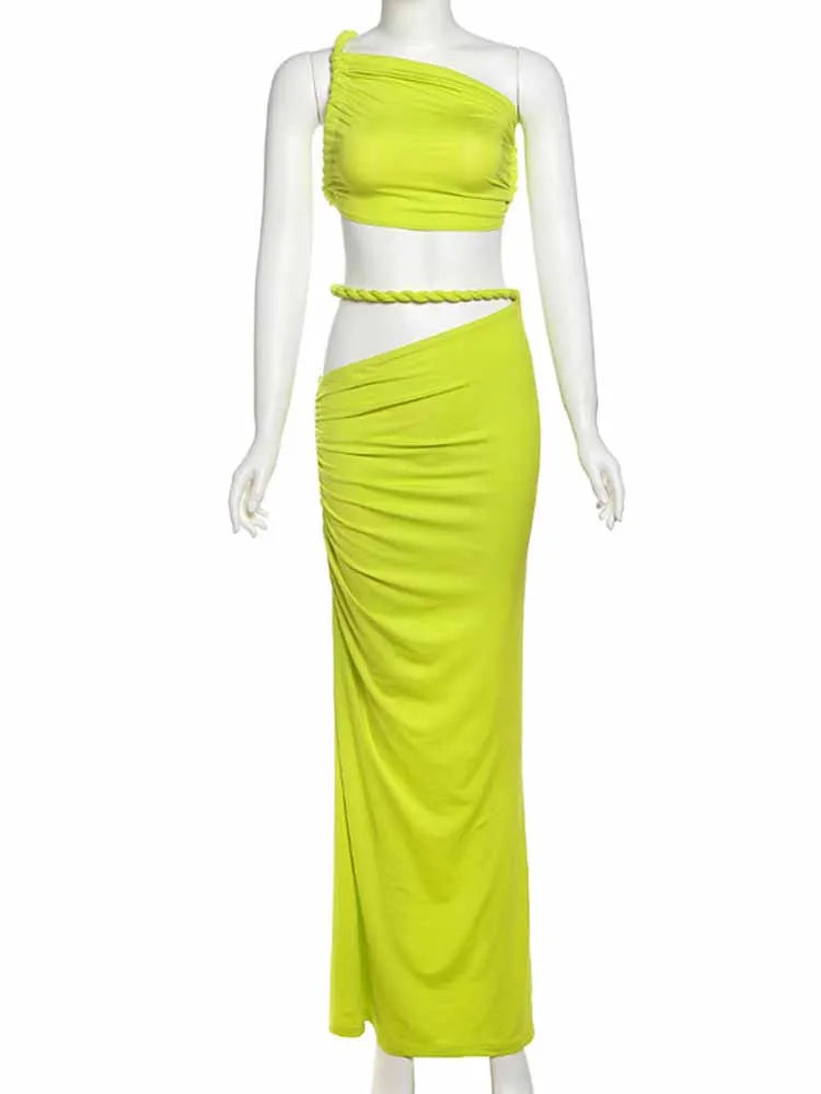 BKQU Elegant Ruched 2 Piece Set Women Irregular Skew Collar Backless Crop Tops+Hollow Out Maxi Skirt Sexy Matching Vacation Suit