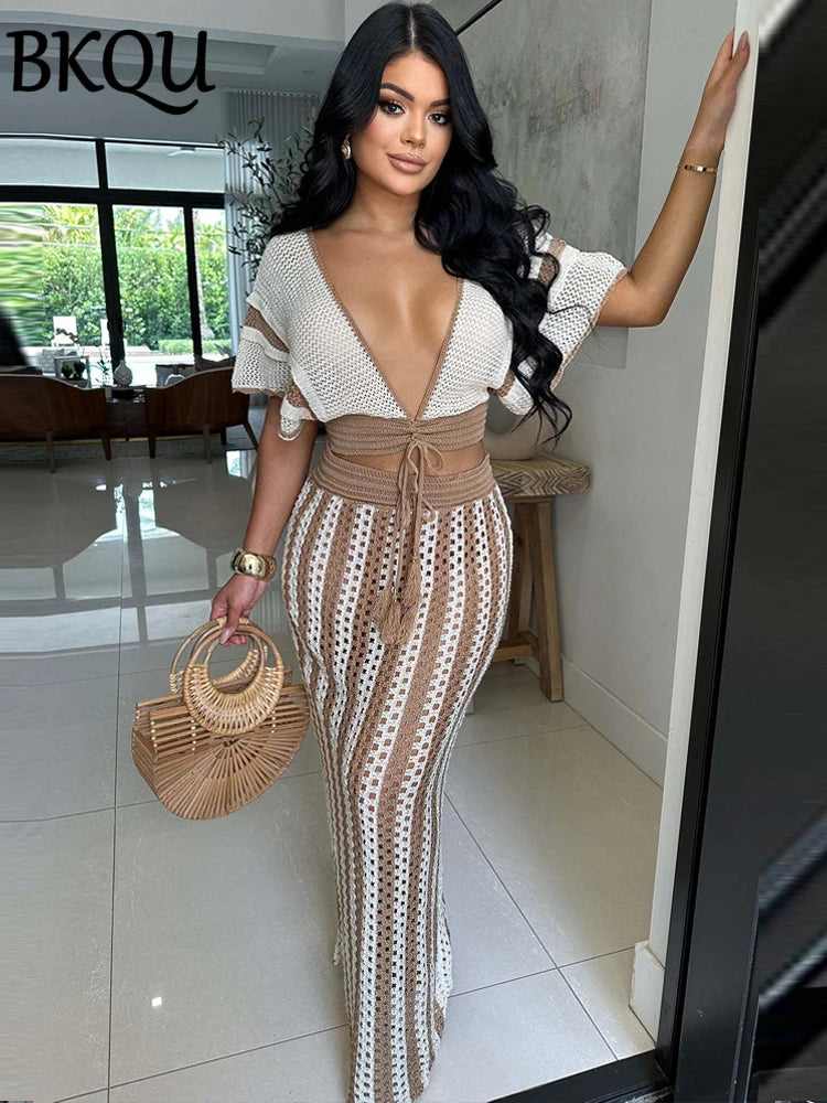 BKQU Striped Knitted Dress Sets Hollow Out Long Skirts With V-Neck Short Sleeve Crop Tops for Women 2024 Summer Vacation Outfits