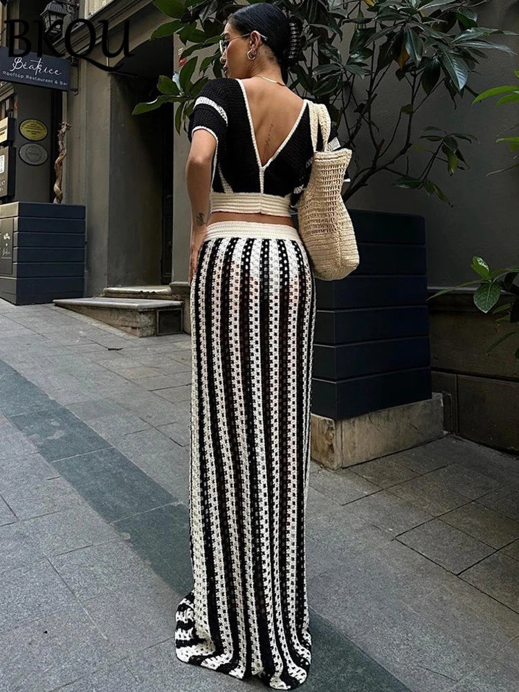 BKQU Striped Knitted Dress Sets Hollow Out Long Skirts With V-Neck Short Sleeve Crop Tops for Women 2024 Summer Vacation Outfits