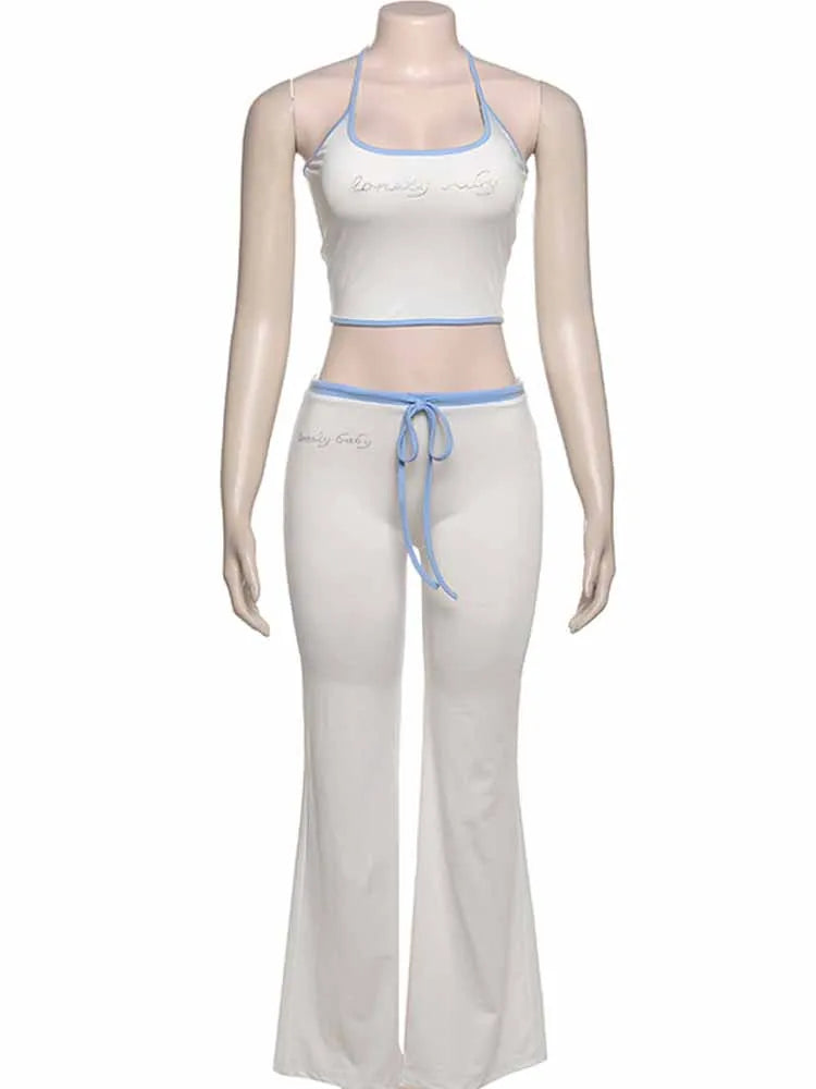 BKQU Diamond Letter Print 2 Piece Set Women Sexy Halter Bandage Crop Tops+Drawstring Stretch Flare Pants Y2K Outfit Streetwear
