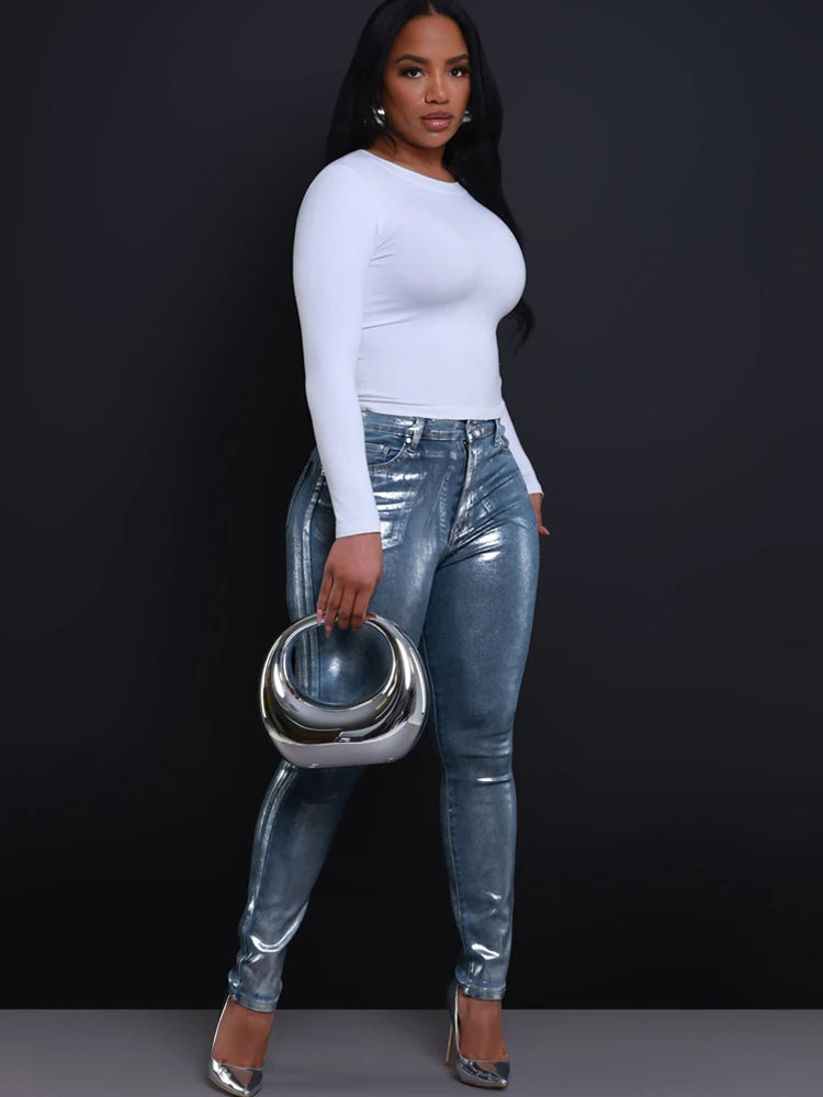 BKQU American Jeans Women Pencil Pants 2024 New Metallic Silver High Waist Streetwear Elastic Skinny Denim Trousers Female y2k