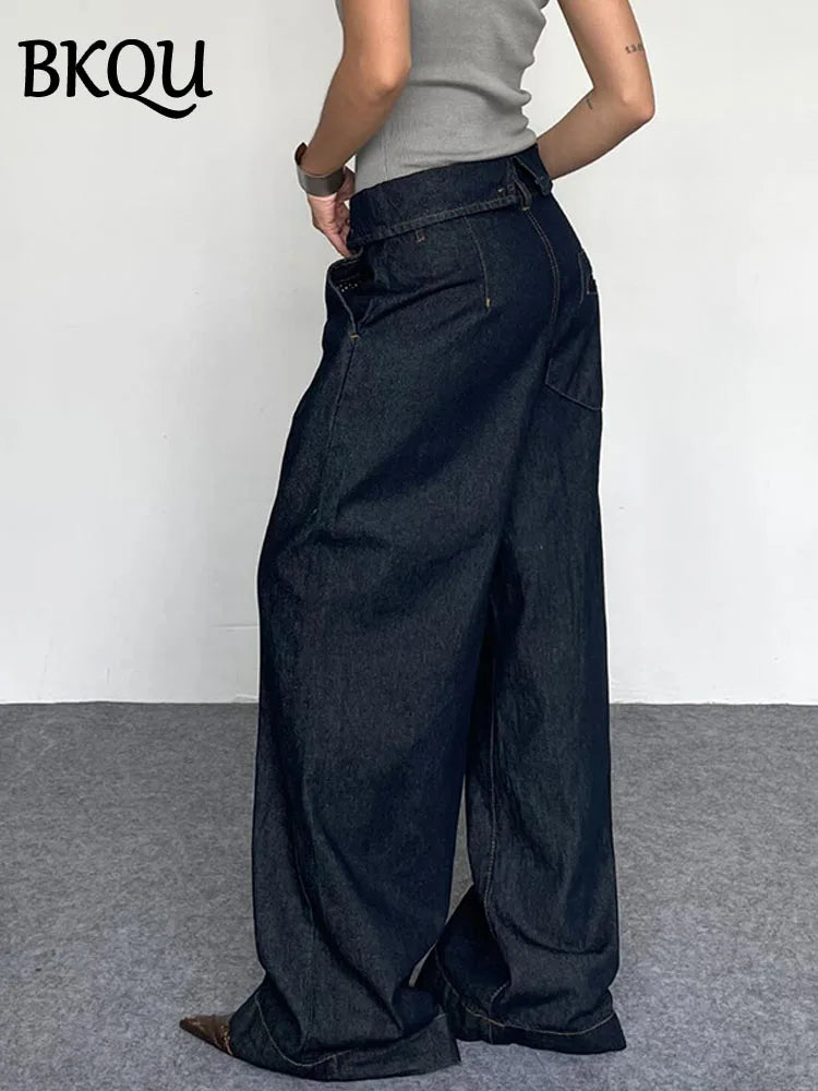 BKQU Straight Jeans Women Streetwear Y2k Fold High Waist Baggy Casual Wide Leg Harajuku Denim Trouser Vintage Grunge Jeans Pants