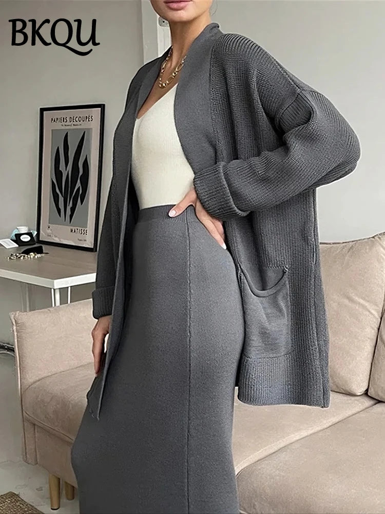BKQU Elegant Knitted Skirt Two Piece Set Women V-neck Cardigan Coat Elastic Waist Bodycon Skirts Ladies Casual Warm Sweater Suit