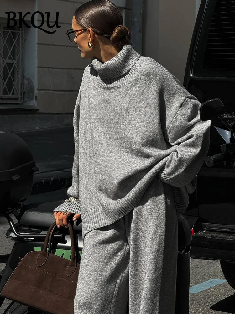 BKQU Casual Turtleneck Sweater Pants Suits Women Knitted Soft Loose Pullover Wide Leg Pants 2 Pieces Sets Autumn Winter Homewear