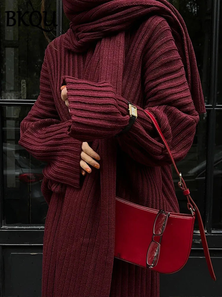 BKQU Elegant With Scarf Knit Pants Set Women Autumn Winter Loose V-neck Pullover Sweater Elastic Straight Trouser WarmStreetwear