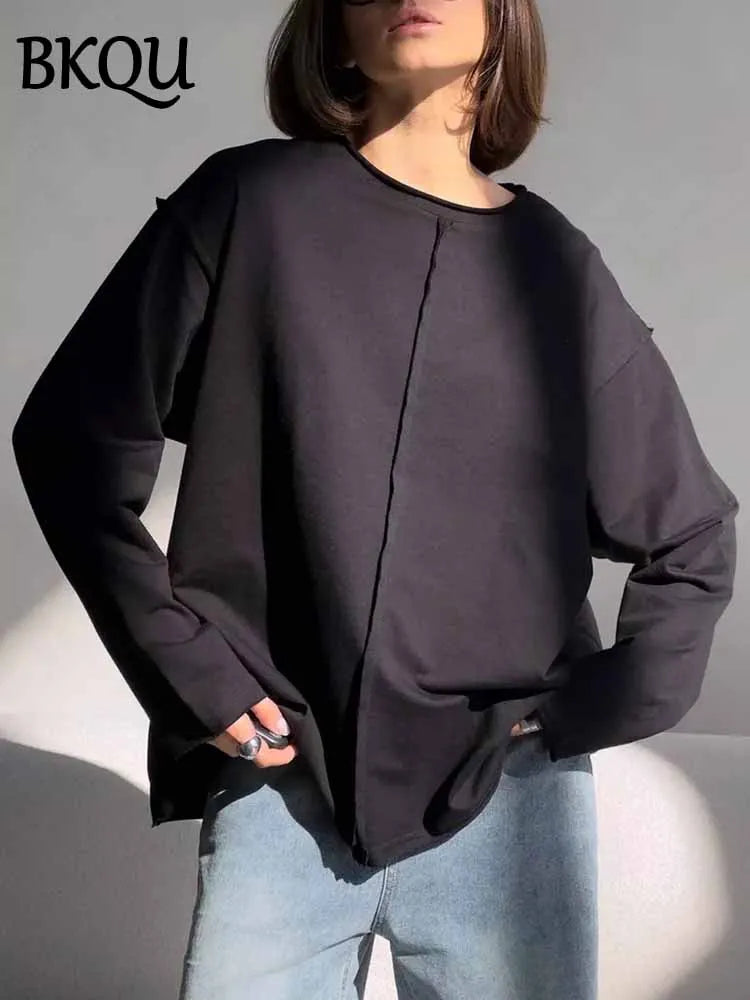 BKQU Oversize Cotton Long Sleeve T-Shirt Women Solid Color O-neck Casual Basic Tees 2025 Spring Knitted Soft Loose Pullover Tops