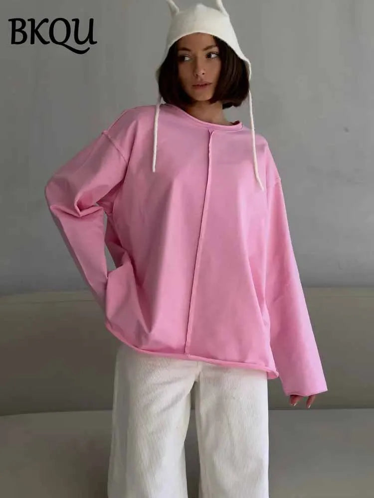 BKQU Oversize Cotton Long Sleeve T-Shirt Women Solid Color O-neck Casual Basic Tees 2025 Spring Knitted Soft Loose Pullover Tops