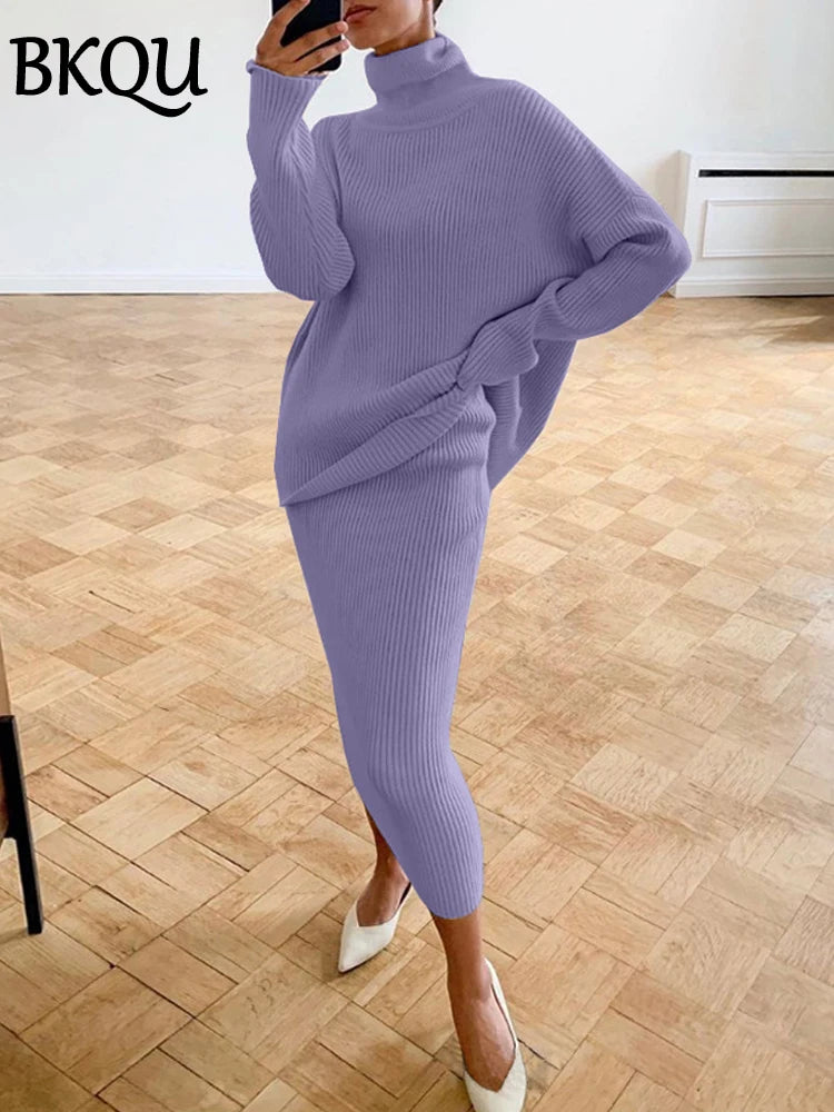 BKQU Knitted Turtleneck Sweater and Long Skirt Two-Piece Set Women Elegant Autumn Winter Knitwear Dress Outfits 2024