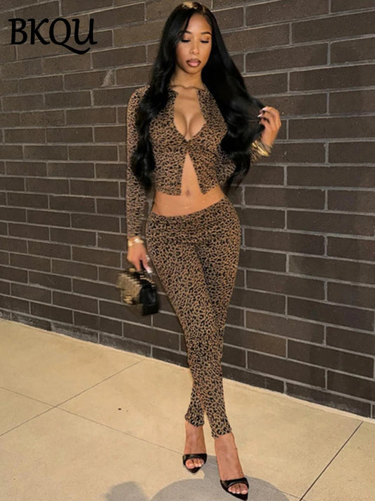 BKQU Leopard Print 2 Piece Set Women Long-Sleeved Button Crop Top High Waist Leggings Stretch Sexy Midnight Club Matching Suits