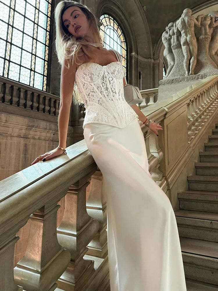 BKQU Elegant Ladies Two Piece Set White Lace Corset Tube Vest High Waist Satin Maxi Skirt Suits 2025 Luxury Party Womens Outfits