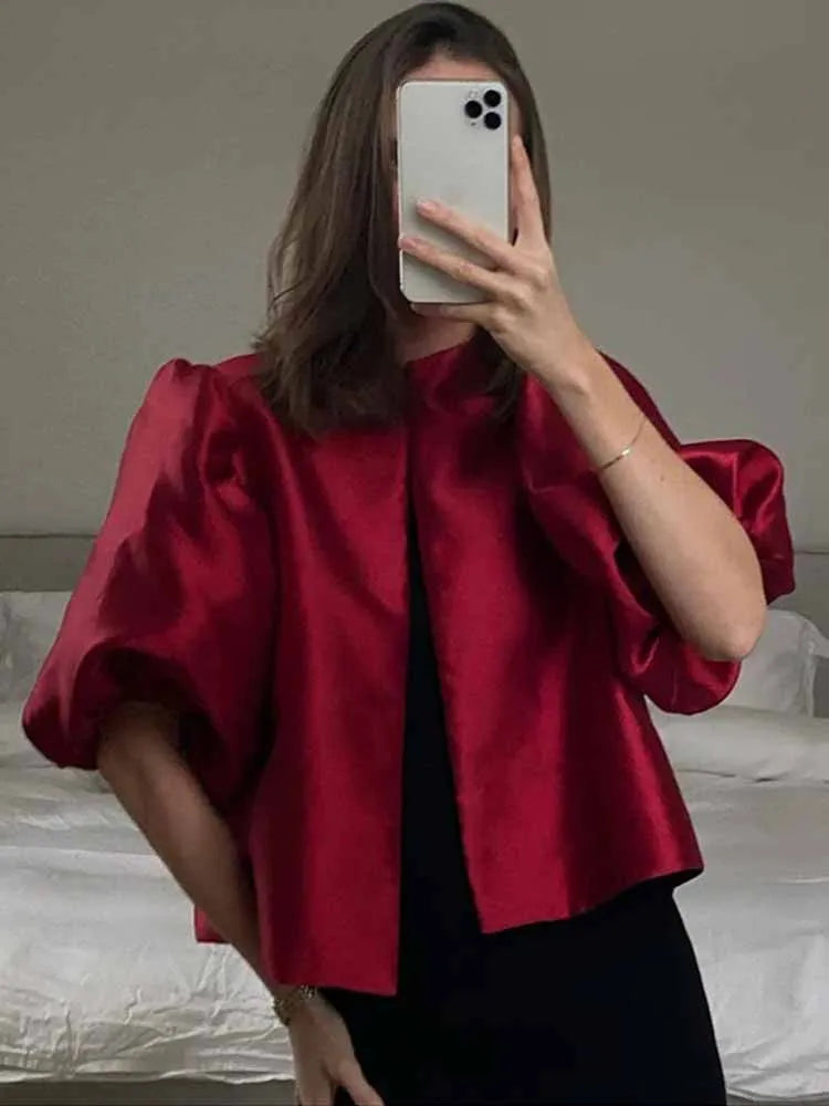 BKQU Elegant Satin Puffy Short Sleeve Shirts Women Solid Loose O-neck Single Breasted Blouses Female 2025 Chic Streetwear Tops