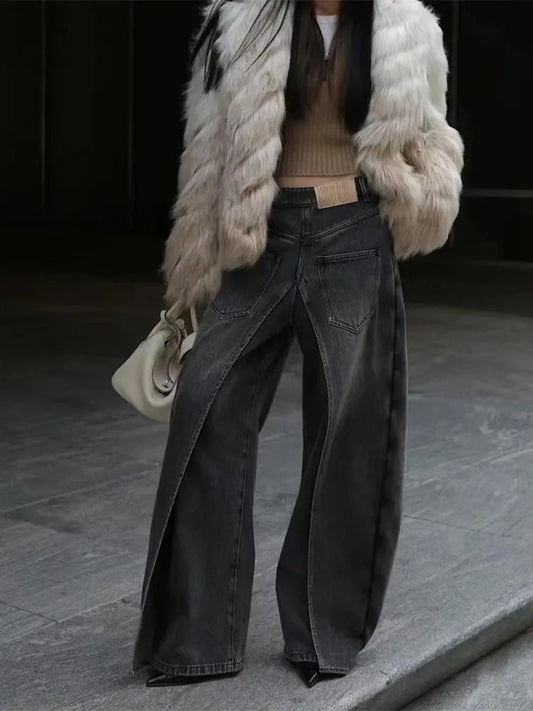 BKQU Spliced Design Jeans Women Hip Hop Baggy Wide Leg Denim Pants Trendy Vintage High Waist Fake Two-piece Jeans Trousers Y2K