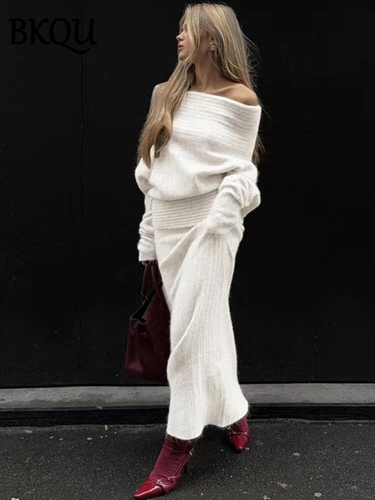 BKQU Knitted Skirt Two Pieces Set Women Sexy One-Shoulder Long Sleeve Sweater Pullover Elegant Long Skirt Suit Autumn Party Wear