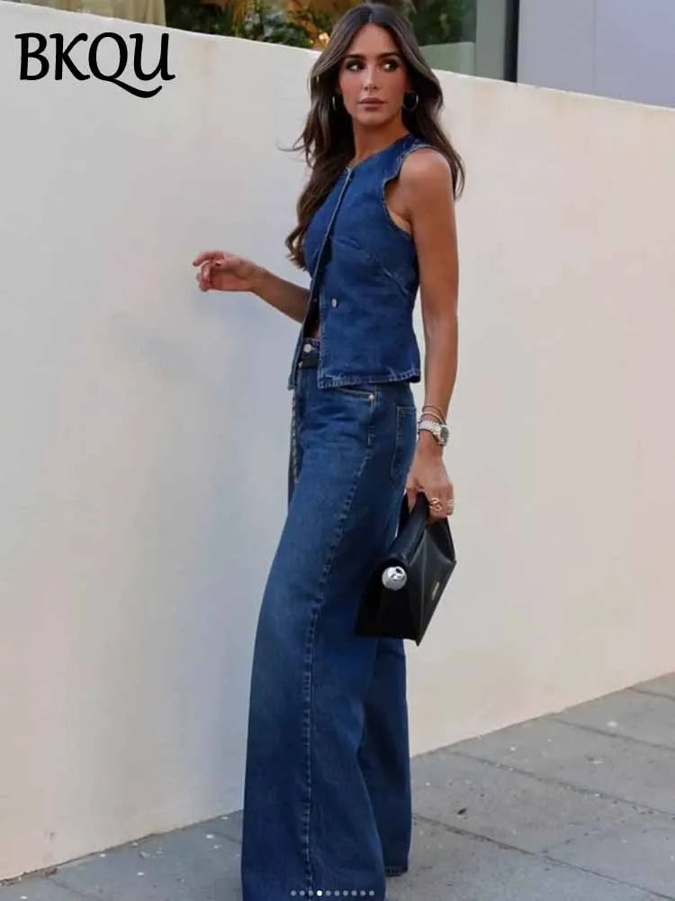 BKQU Hight Street Denim 2 Piece Sets Women Fashion Sleeveless Single Breasted Vest Top Wide Leg Pants Suit 2025 New Jeans Outfit