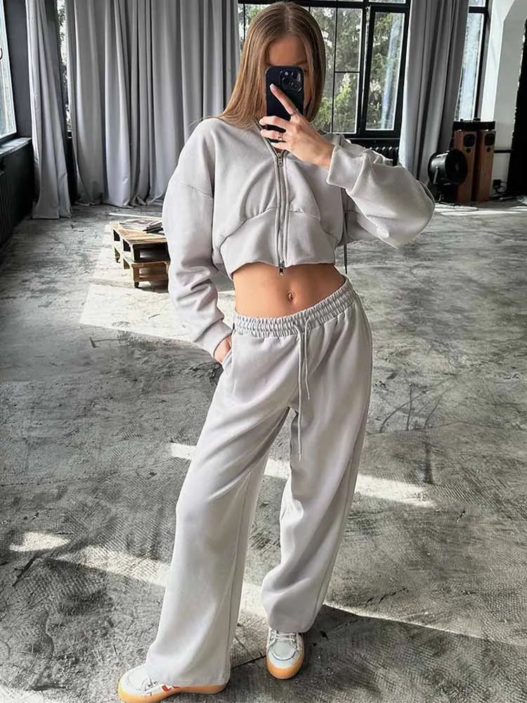 BKQU Casual Hoodies Tracksuit Women Pants 2 Piece Set Long Sleeve Zipper Sweatshirt Loose Drawstring Jogger Trouser Sports Suit