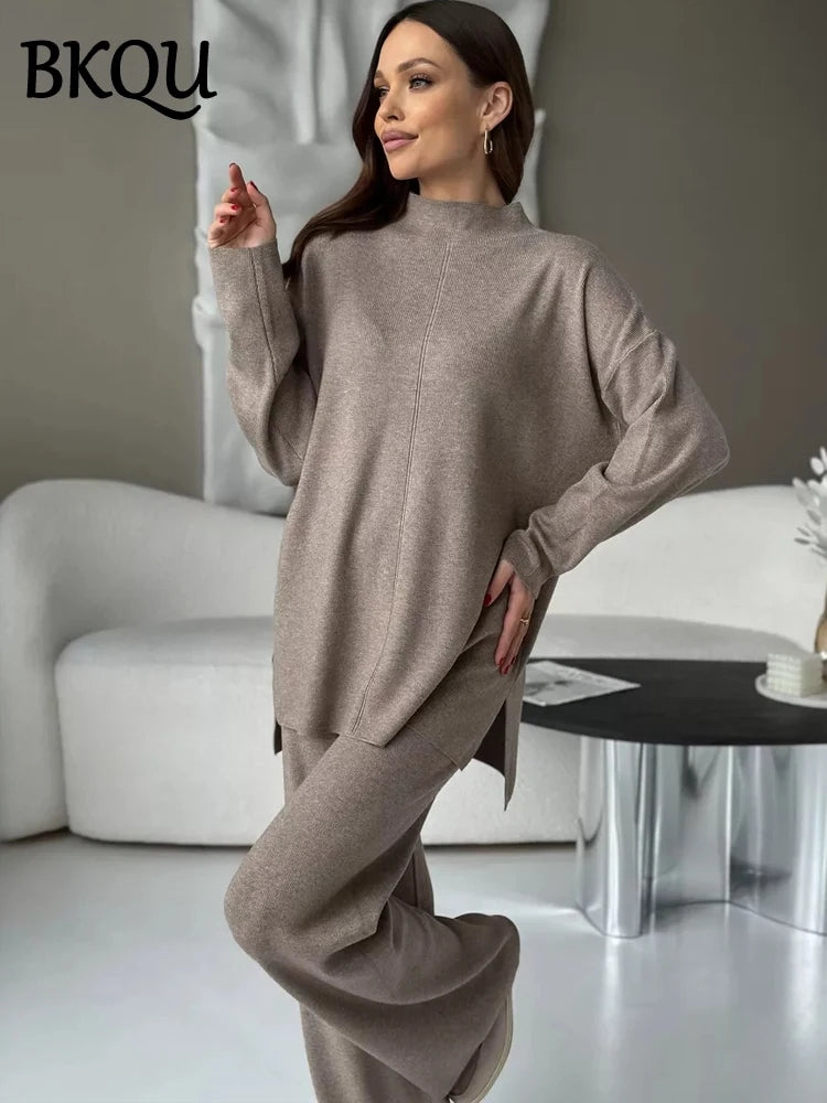 BKQU Casual Split Long Sleeve Sweater Pants Suits Women's Knitted Two Piece Sets Loose Soft Winter Female Commuting Outfits 2025