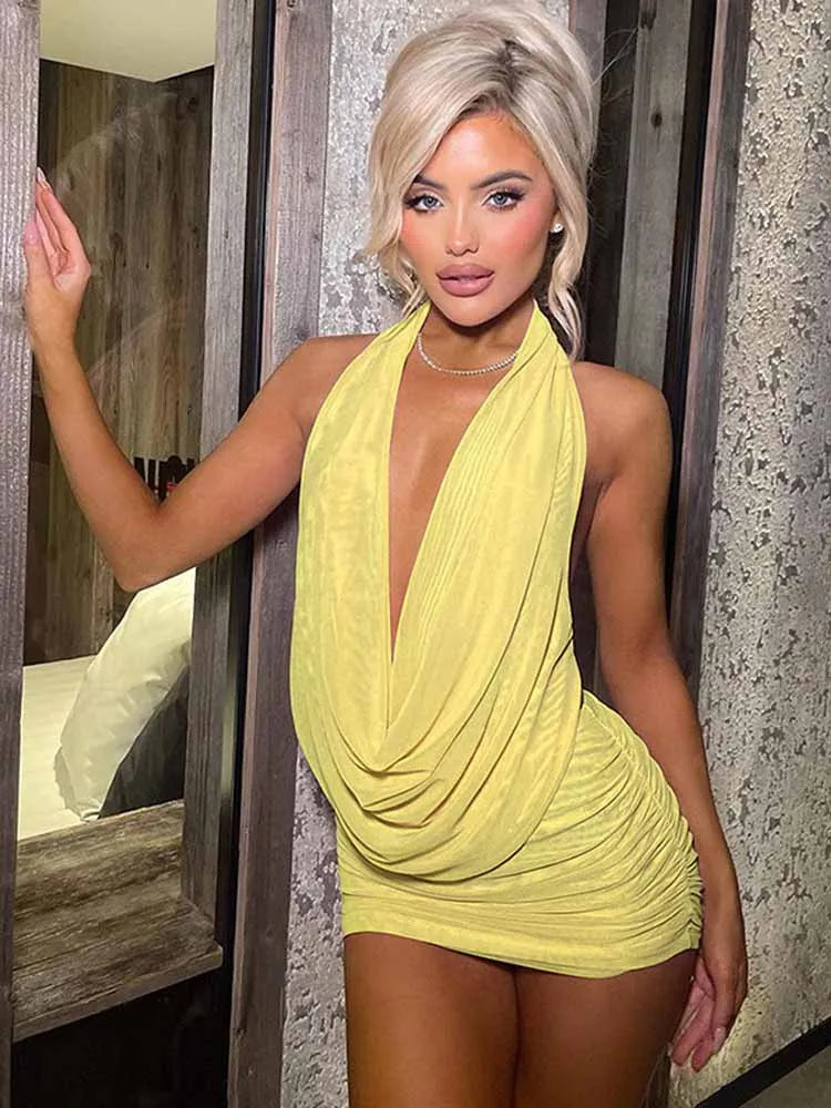 BKQU Mesh Sexy Ruched Women 2 Piece Set Deep V-Neck Halter Swinging Backless Top See Through Mini Skirt Y2k Midnight Club Outfit