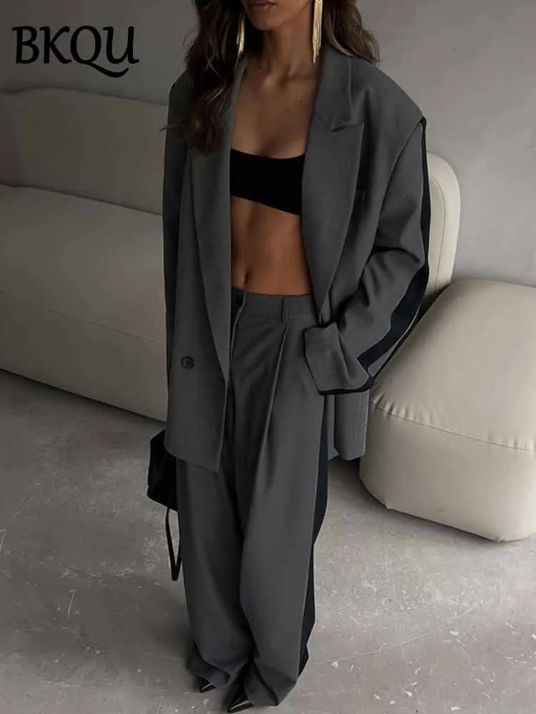 BKQU Patchwork Blazer 2 Piece Sets Women Fashion Long Sleeve Button Jacket High Waist Pocket Wide Leg Pants Office Lady Suits