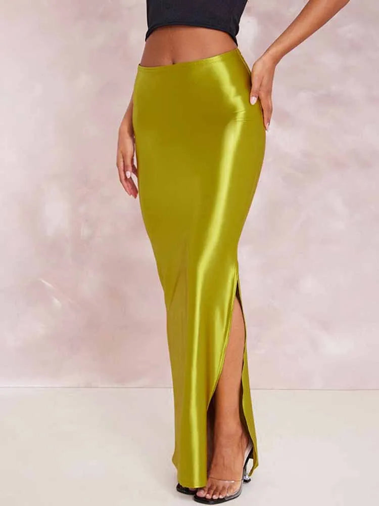 BKQU Elegant Satin Long Skirt Women High Waist Sexy Side Split Maxi Skirts 2025 Spring Summer Temperament Party Y2K Satin Skirts